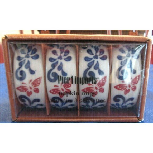 Set Of 4 Pier One 1 Imports Napkin Rings White Blue Butterflies Porcelain New - Picture 2 of 5